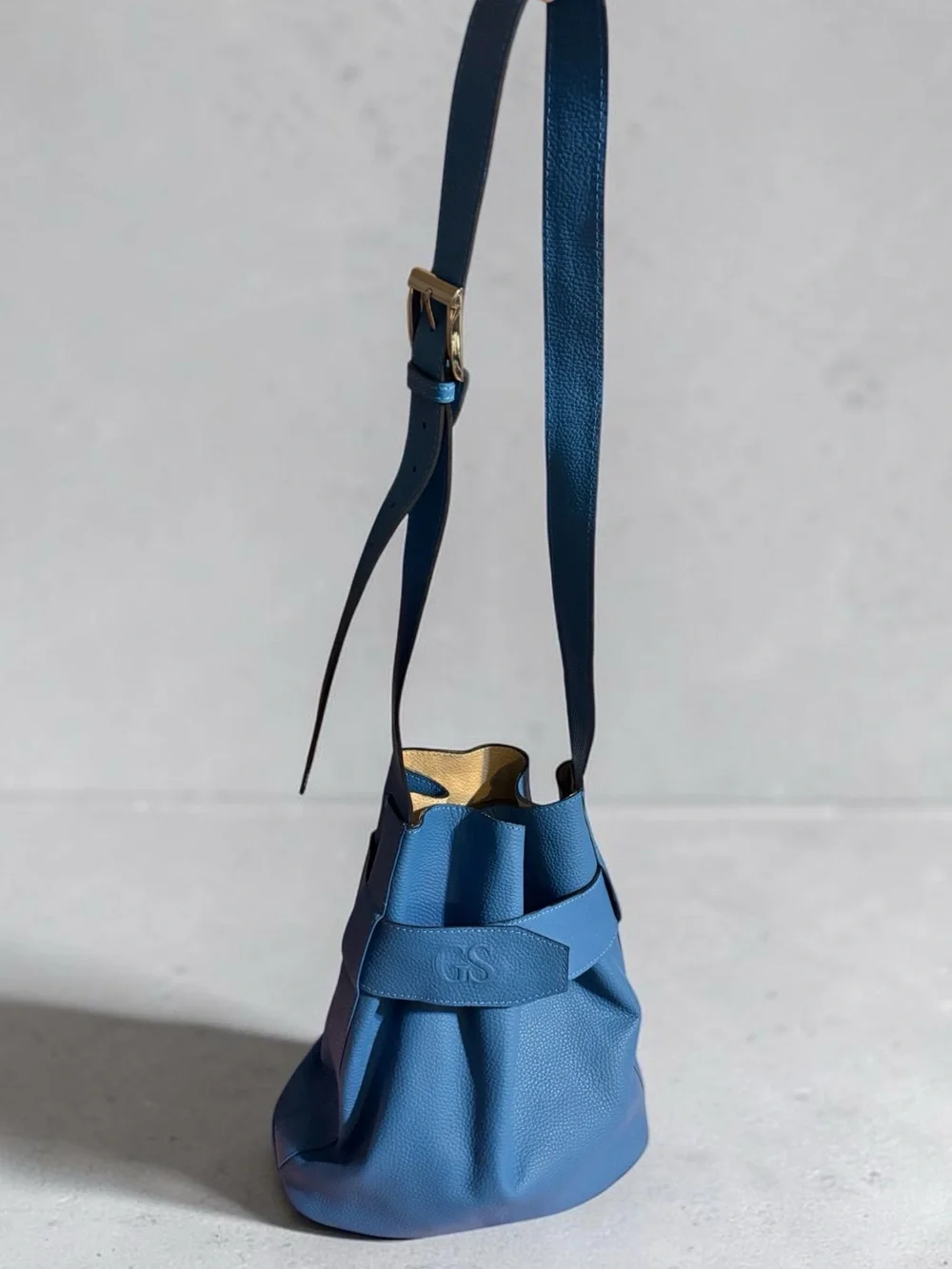 Leather Blue Crossbody Bucket Bag